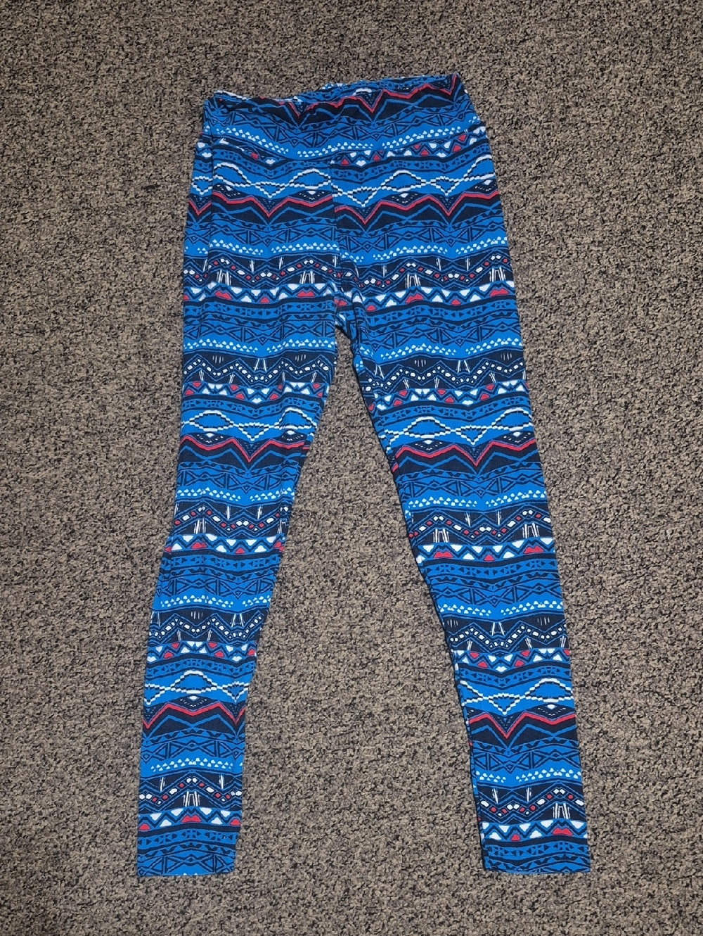 LuLaRoe Bright Blue Aztec-Style Leggings with Red & Navy Accents